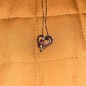 Sterling Silver heart necklace, two red stones